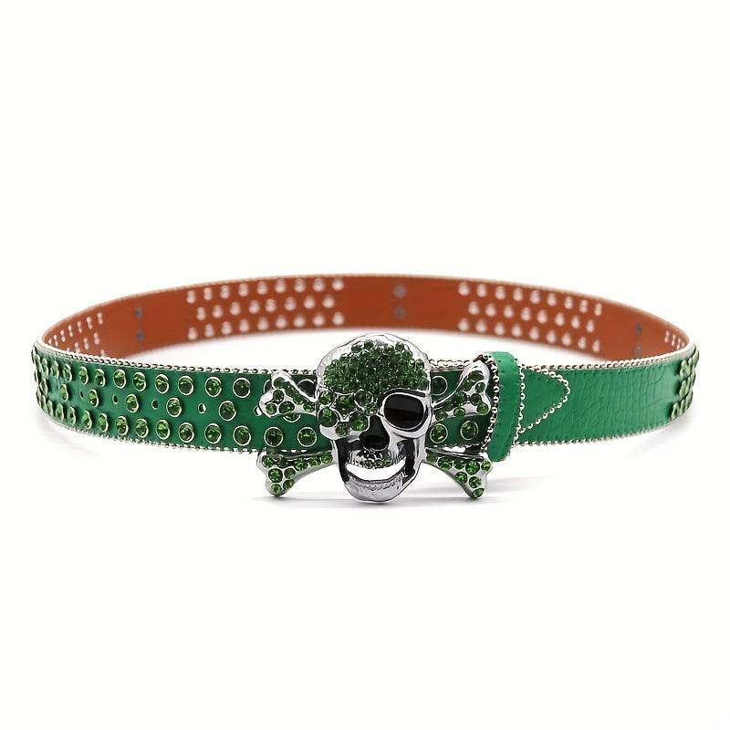 Green Big Skull Rhinestone Belt Men's Inlay Hip Hop Punk Style Belt