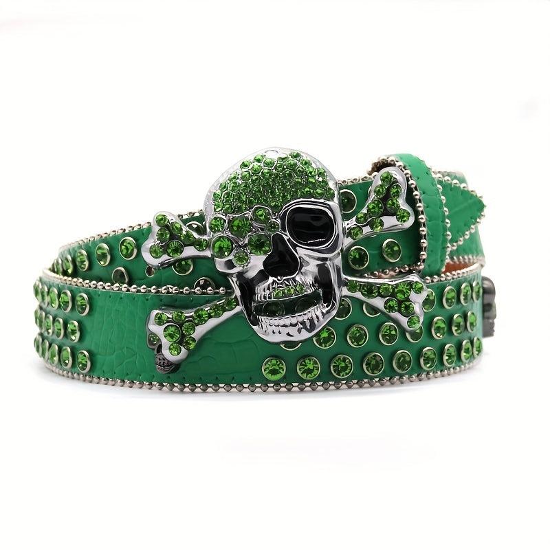 Green Big Skull Rhinestone Belt Men's Inlay Hip Hop Punk Style Belt