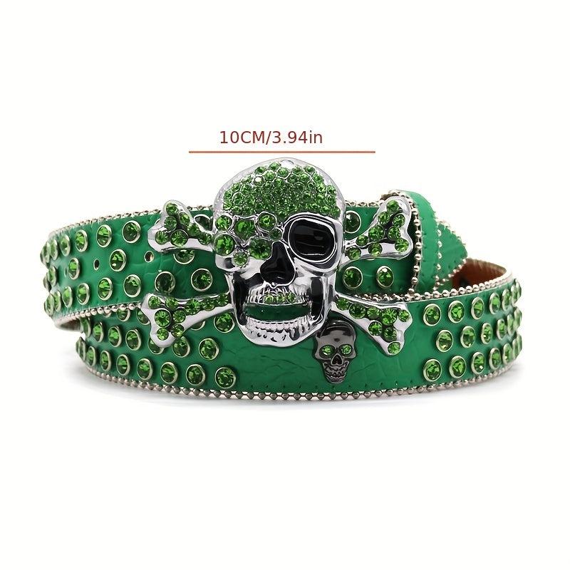 Green Big Skull Rhinestone Belt Men's Inlay Hip Hop Punk Style Belt