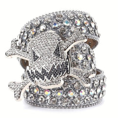 Big Rhinestone Skull Buckle Belt Punk Stone Crystal Studded Waist Strap For Men
