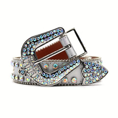 Men's Rhinestone Belt with Oval Gemstones and Rivet Design