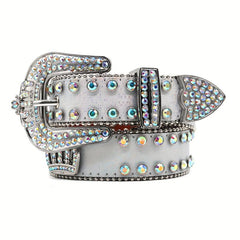 Men's Rhinestone Belt with Oval Gemstones and Rivet Design
