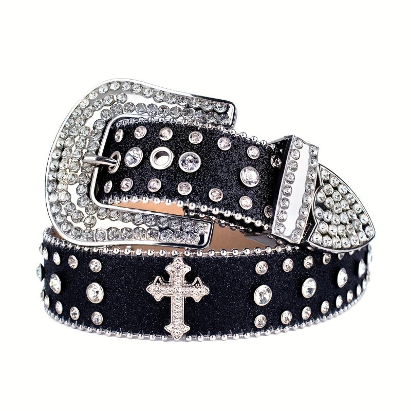 Cross Rivet Rhinestone Belt Punk Stone Studded Leather Belt Strap For Men