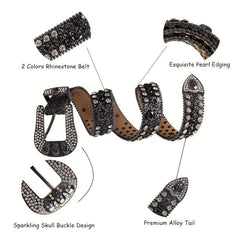 Men's Rhinestone Skull Belt Western Punk Leather Strap Crystal Buckle