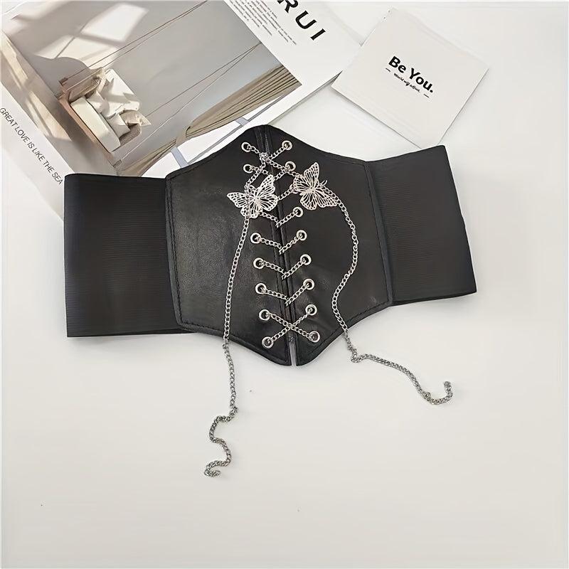 Wide Palace Style Waistband Corset Belt with Bow Chain