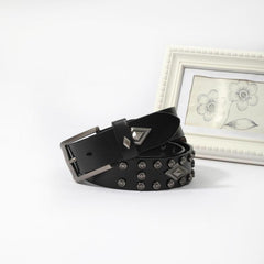 Vintage Rhombus Pattern Studded Leather Belt - Hip Hop Punk Style