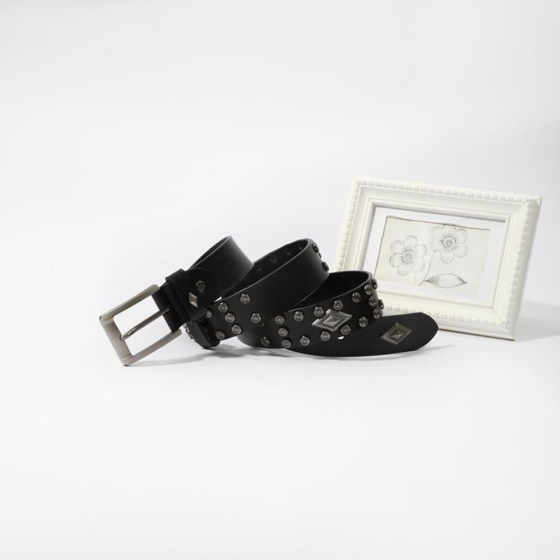 Vintage Rhombus Pattern Studded Leather Belt - Hip Hop Punk Style