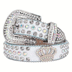 Crown Rhinestone PU Leather Belt Western Cowboy Crown Belt