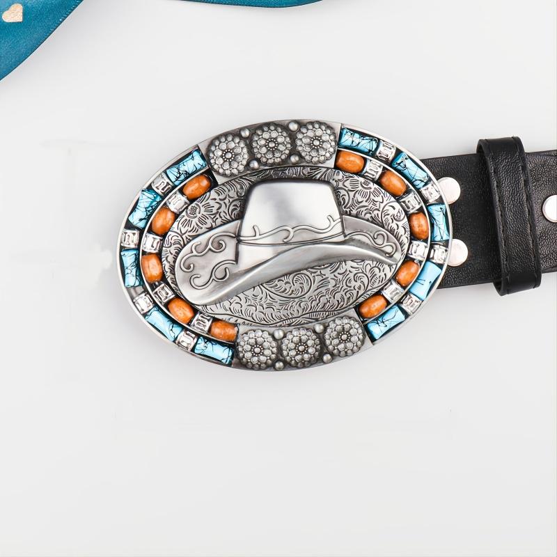 Men's Vintage Leather Cowboy Hat with Beads Oval Buckle Belt