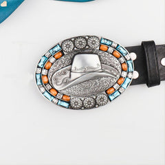 Men's Vintage Leather Cowboy Hat with Beads Oval Buckle Belt