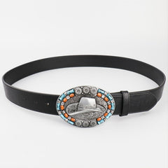 Men's Vintage Leather Cowboy Hat with Beads Oval Buckle Belt