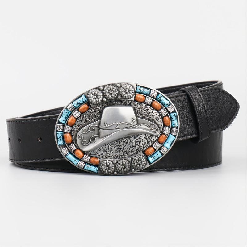 Men's Vintage Leather Cowboy Hat with Beads Oval Buckle Belt