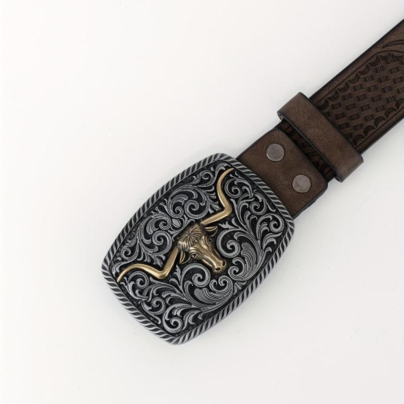 Cattle Head Floral Embossed Buckle Casual Western PU Leather Belt