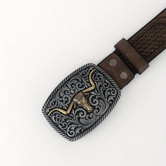 Cattle Head Floral Embossed Buckle Casual Western PU Leather Belt