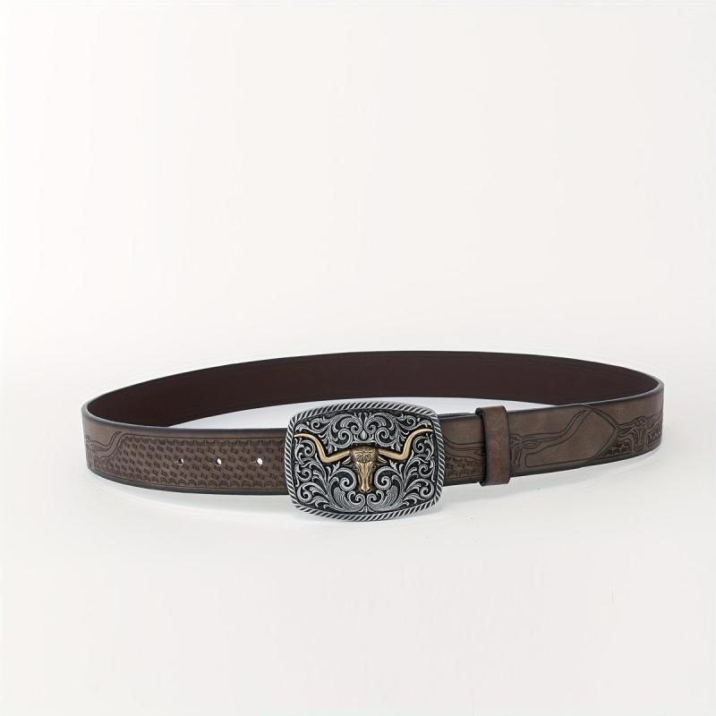 Cattle Head Floral Embossed Buckle Casual Western PU Leather Belt