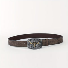 Cattle Head Floral Embossed Buckle Casual Western PU Leather Belt