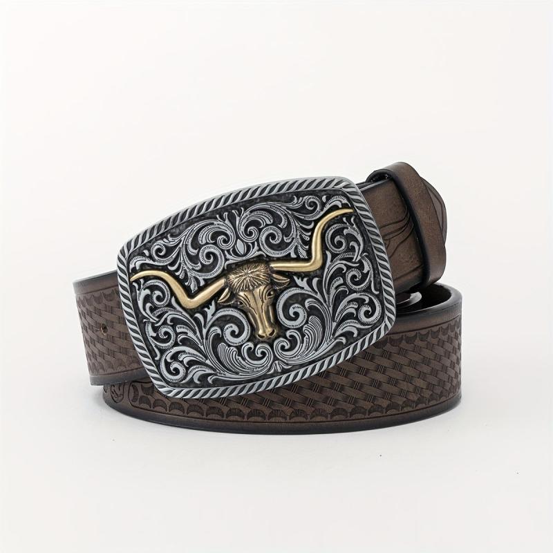 Cattle Head Floral Embossed Buckle Casual Western PU Leather Belt