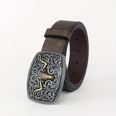 Cattle Head Floral Embossed Buckle Casual Western PU Leather Belt