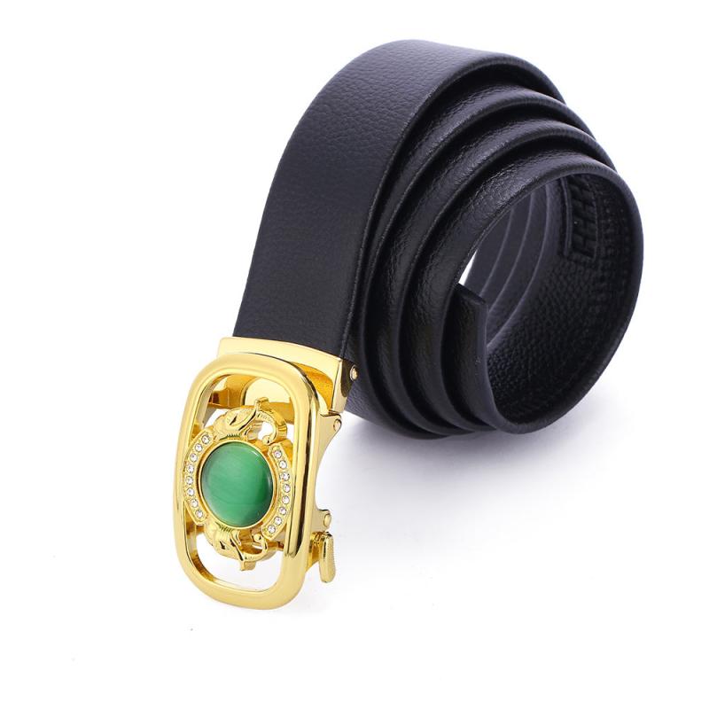 Men's Gemstone Leather Belt with Automatic Buckle & Jade Inlay