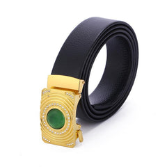 Men's Gemstone Leather Belt with Automatic Buckle & Jade Inlay