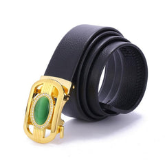 Men's Gemstone Leather Belt with Automatic Buckle & Jade Inlay