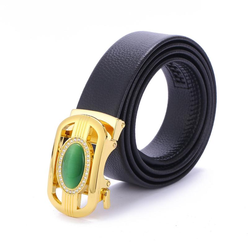Men's Gemstone Leather Belt with Automatic Buckle & Jade Inlay