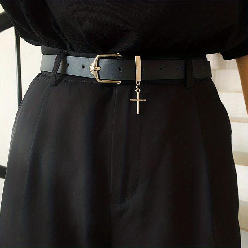 Men's Leather Belt with Cross Decoration for Jeans