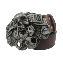 Men's Silver Skull Metal Belt Buckle with Leather Belt