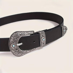 Western Turquoise Engraved Buckle Belt Vintage PU Leather Jeans Pants Belt