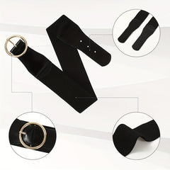 Wide PU Belt with Round Buckle Elastic Waistband