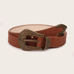 Vintage Western Belt Women Cowgirl PU Leather Waist Belts Carved Buckle