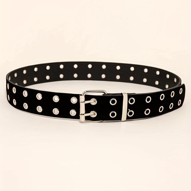 Double Pin Metal Buckle Belt Vintage Punk Waist Belt Hip Hop PU Leather