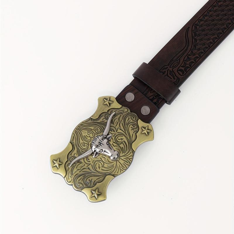 Long Horn Leather Belt Plaid Cattle Pattern Western Vintage