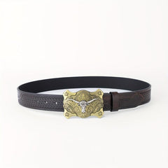 Long Horn Leather Belt Plaid Cattle Pattern Western Vintage