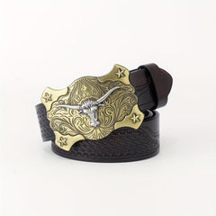 Long Horn Leather Belt Plaid Cattle Pattern Western Vintage