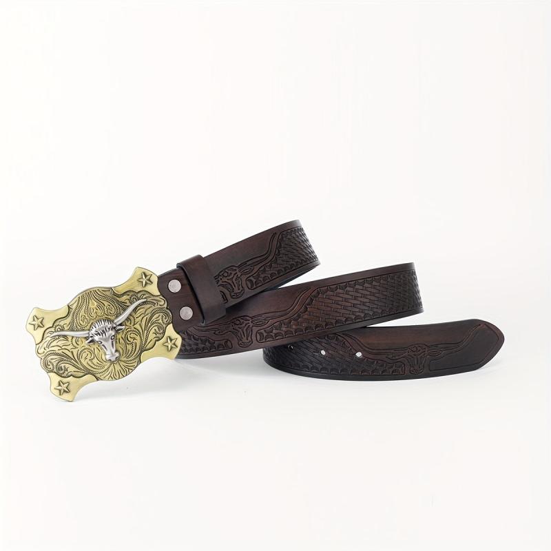 Long Horn Leather Belt Plaid Cattle Pattern Western Vintage