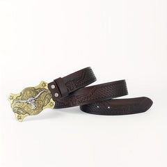 Long Horn Leather Belt Plaid Cattle Pattern Western Vintage