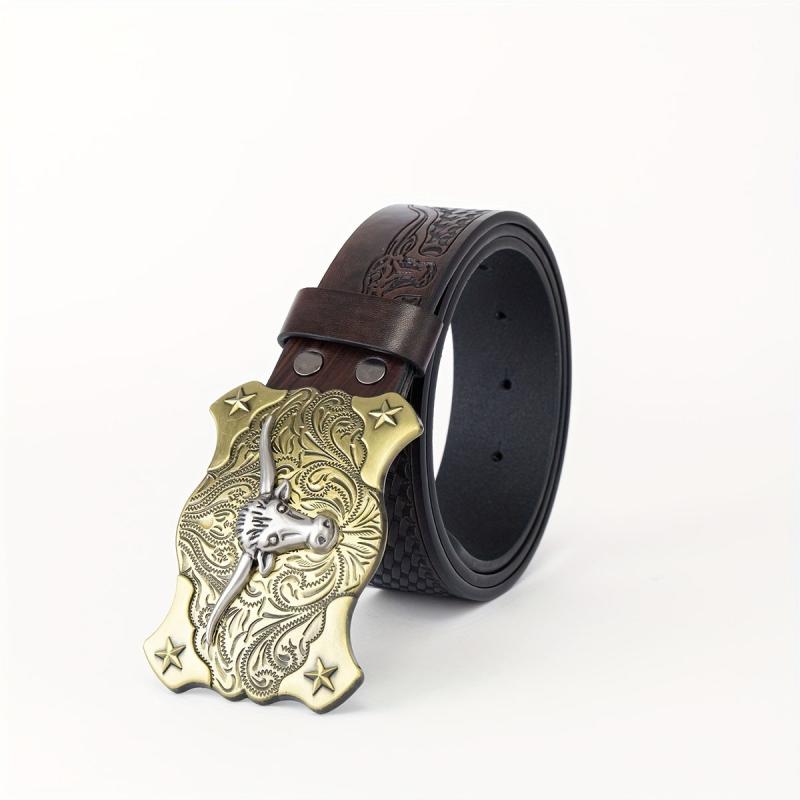 Long Horn Leather Belt Plaid Cattle Pattern Western Vintage