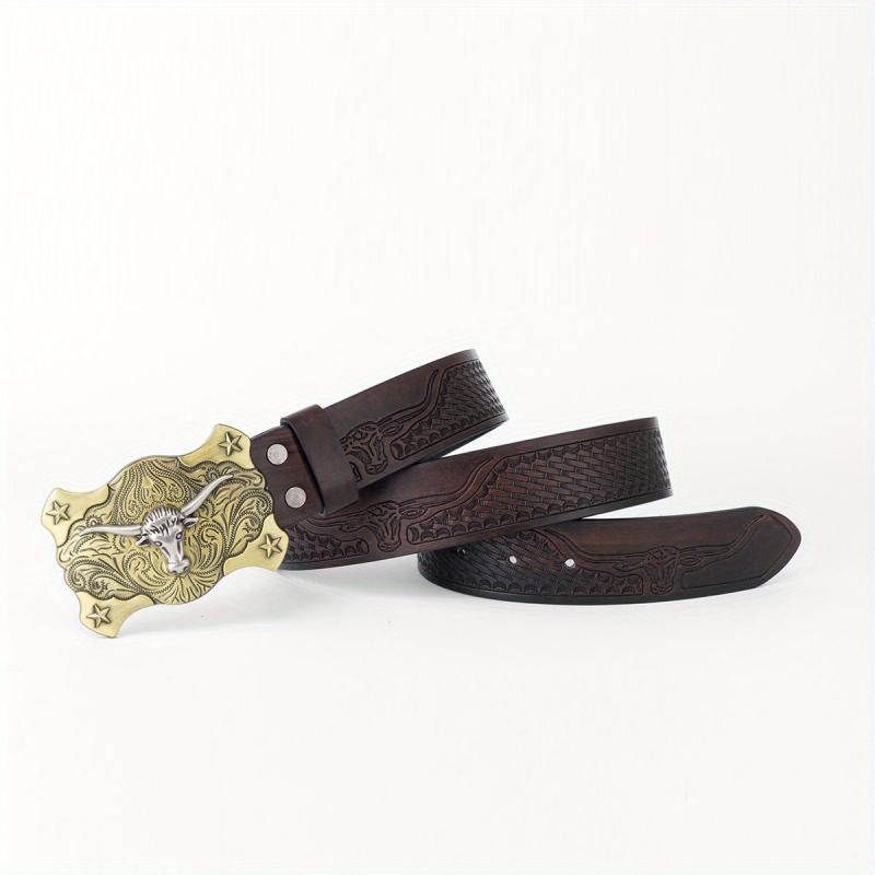 Long Horn Leather Belt Plaid Cattle Pattern Western Vintage