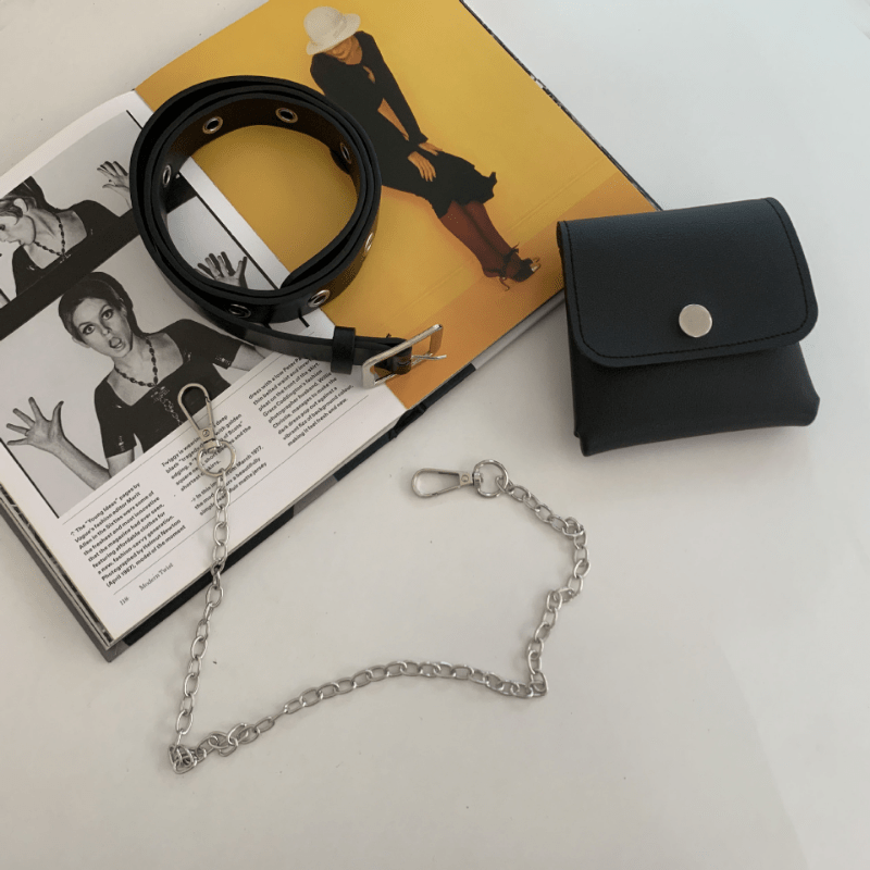 Eyelet Pin Buckle Belt With Waist Bag Detachable Purse Chain Girdle