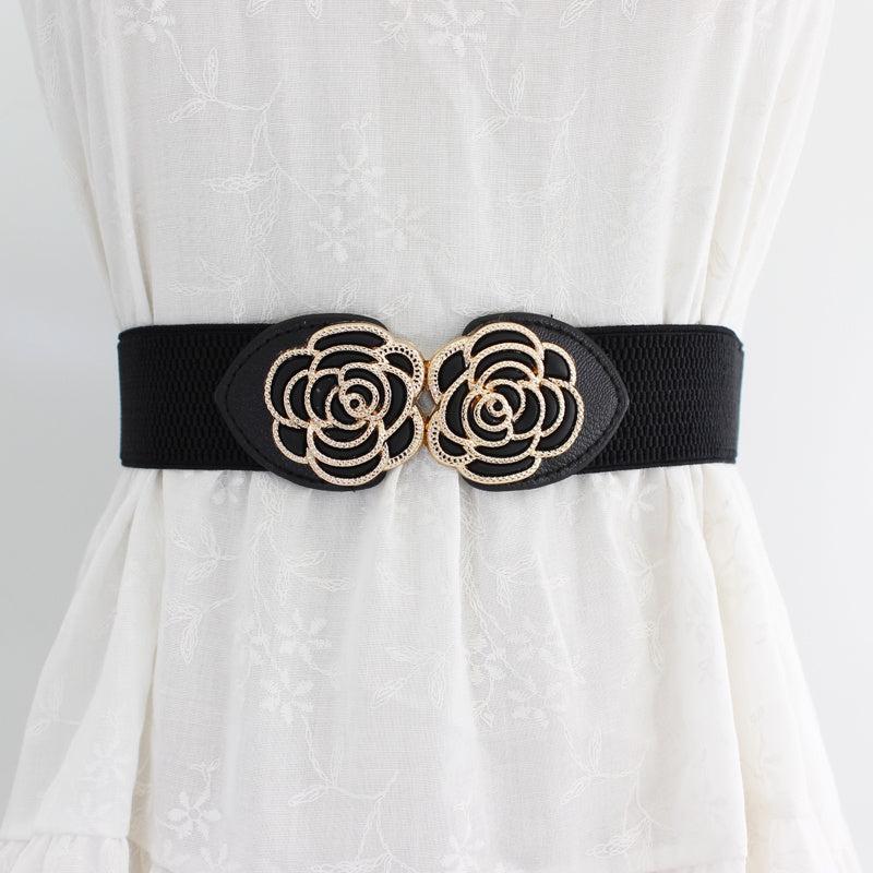 Vintage Stretch Waist Belt Women Dress Waistband Metal Leaf Buckle