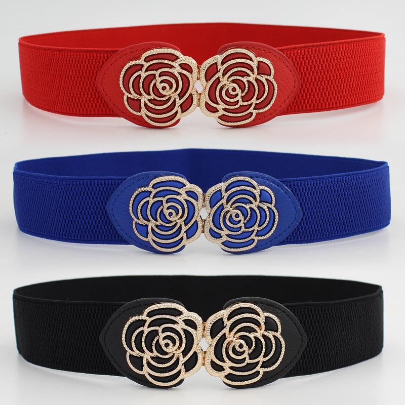 Vintage Stretch Waist Belt Women Dress Waistband Metal Leaf Buckle