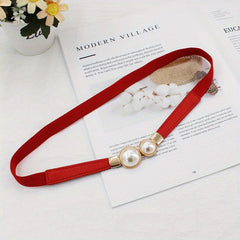 Faux Pearl Buckle Belt Women PU Leather Waist Elastic Thin Belts