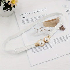 Faux Pearl Buckle Belt Women PU Leather Waist Elastic Thin Belts