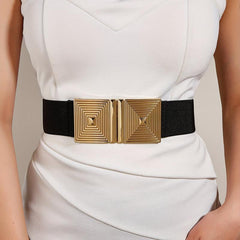 Spiral Square Buckle Elastic Belt Wide Waistband for Women