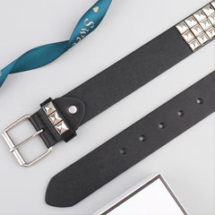 Pyramid Men's Belt - Genuine Leather Black Dress Belt with Silver Buckle