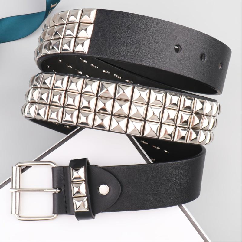 Pyramid Men's Belt - Genuine Leather Black Dress Belt with Silver Buckle
