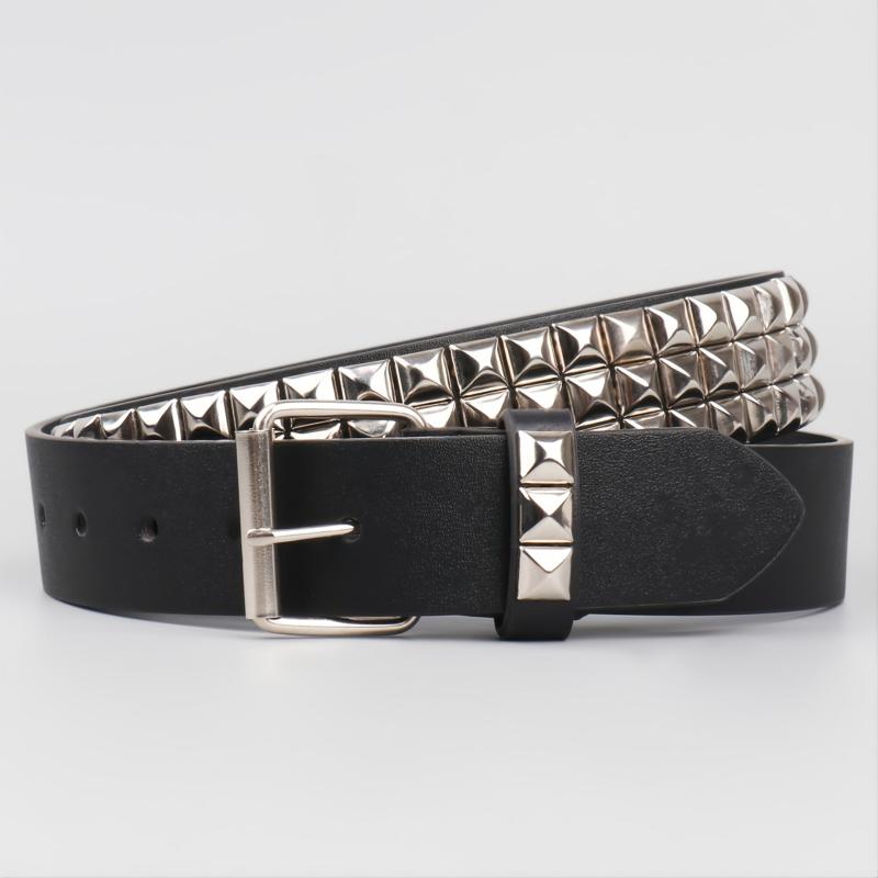 Pyramid Men's Belt - Genuine Leather Black Dress Belt with Silver Buckle