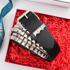 Pyramid Men's Belt - Genuine Leather Black Dress Belt with Silver Buckle