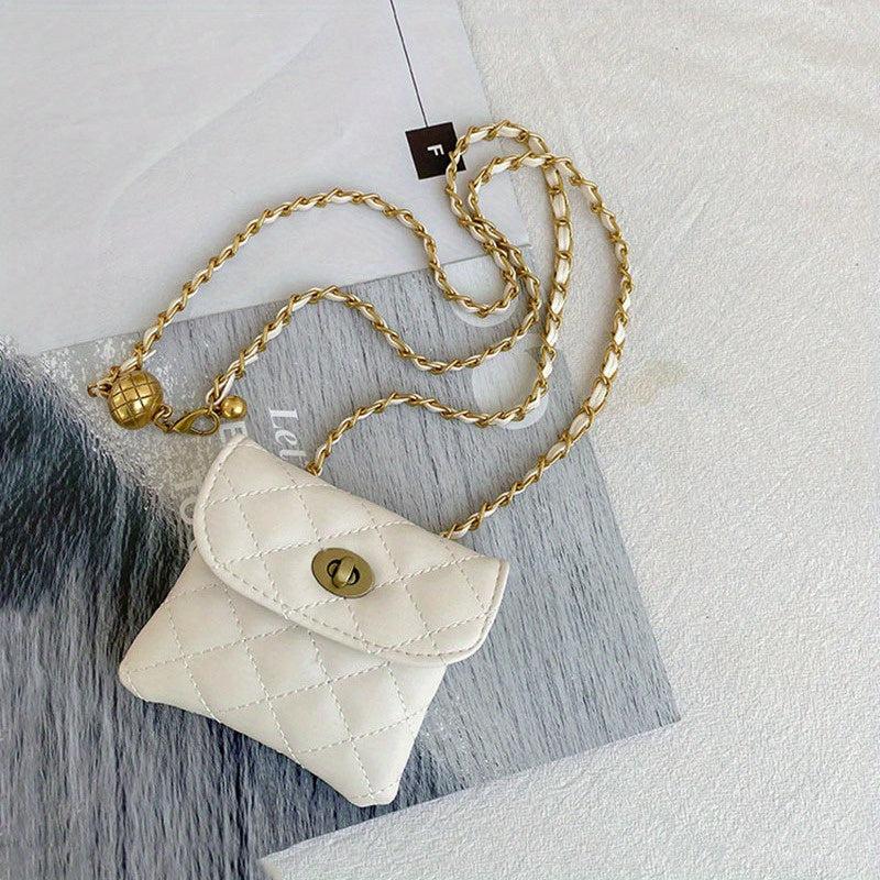 Rhombus Embossed Waist Bag Belt Stylish PU Golden Chain Waist Belt